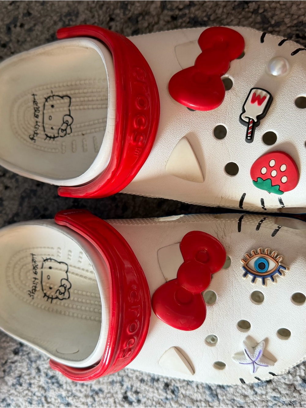 CROCS White Clog Sandals with Red Accents and Charms